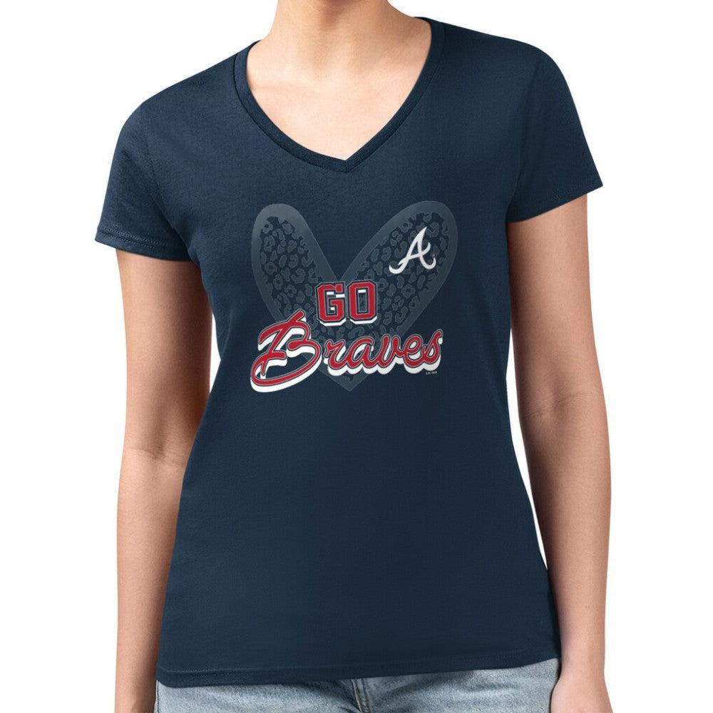 Atlanta Braves G-III 4Her by Carl Banks Women's Super-Slim Fit Lightweight Leopard Heart V-Neck T-Shirt | MLB New