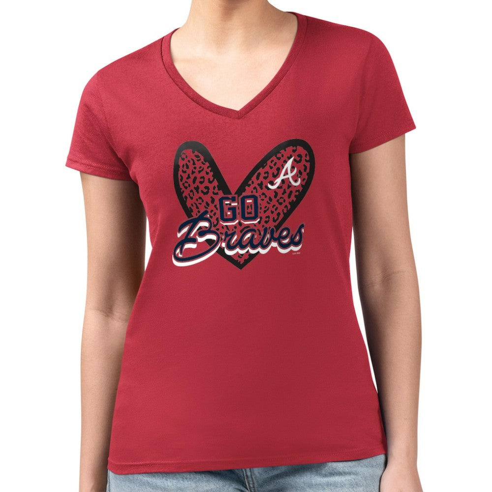 Atlanta Braves G-III 4Her by Carl Banks Women's Super-Slim Fit Lightweight Leopard Heart V-Neck T-Shirt | MLB Sale