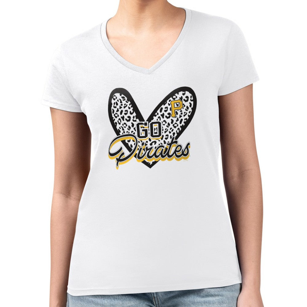 Pittsburgh Pirates G-III 4Her by Carl Banks Women's Super-Slim Fit Lightweight Leopard Heart V-Neck T-Shirt | MLB New