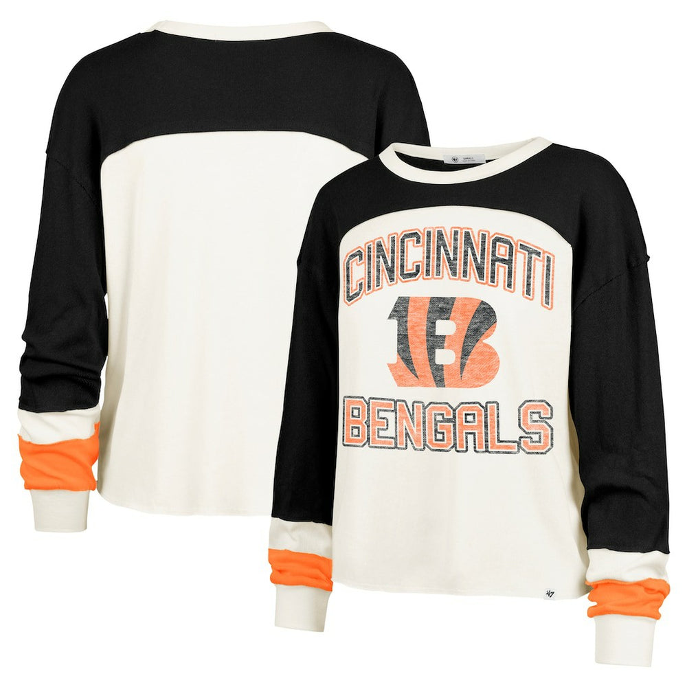 Cincinnati Bengals 47 brand '47 Women's Double Header Curve Raglan Long Sleeve Crop Top
