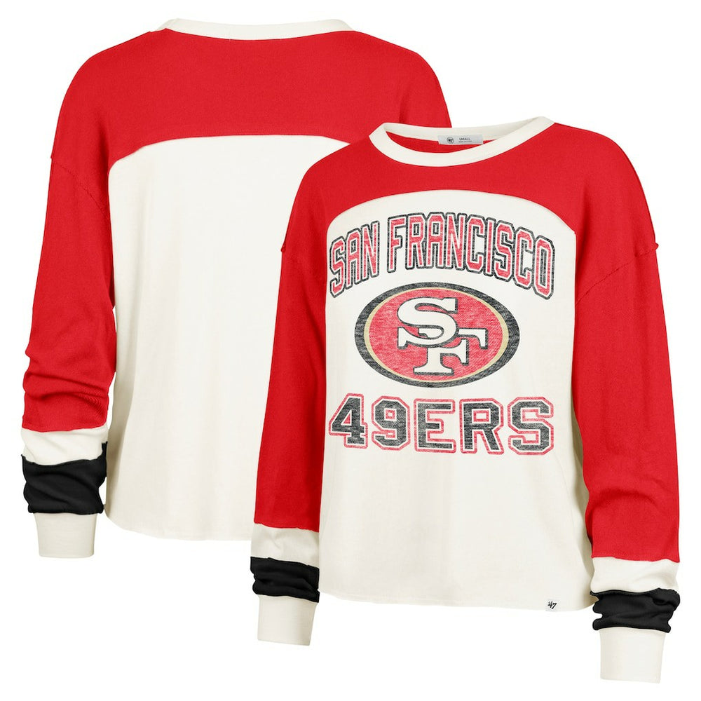 San Francisco 49ers 47 brand '47 Women's Double Header Curve Raglan Long Sleeve Crop Top