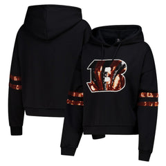 Cincinnati Bengals Cuce Women's Cropped Sequins Pullover Hoodie