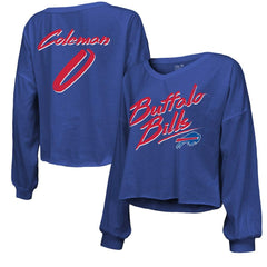 Buffalo Bills Keon Coleman Majestic Threads Women's Name & Number Off-Shoulder Script Cropped Long Sleeve V-Neck T-Shirt