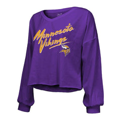 Minnesota Vikings J.J. McCarthy Majestic Threads Women's Name & Number Off-Shoulder Script Cropped Long Sleeve V-Neck T-Shirt