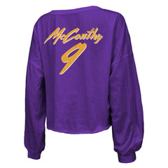 Minnesota Vikings J.J. McCarthy Majestic Threads Women's Name & Number Off-Shoulder Script Cropped Long Sleeve V-Neck T-Shirt