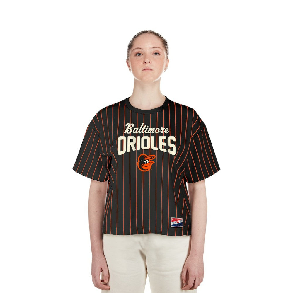 Baltimore Orioles New Era Women's Cooperstown Collection Multiplier Pinstripe Cropped T-Shirt | MLB On Sale