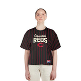 Cincinnati Reds New Era Women's Cooperstown Collection Multiplier Pinstripe Cropped T-Shirt | MLB Outlet