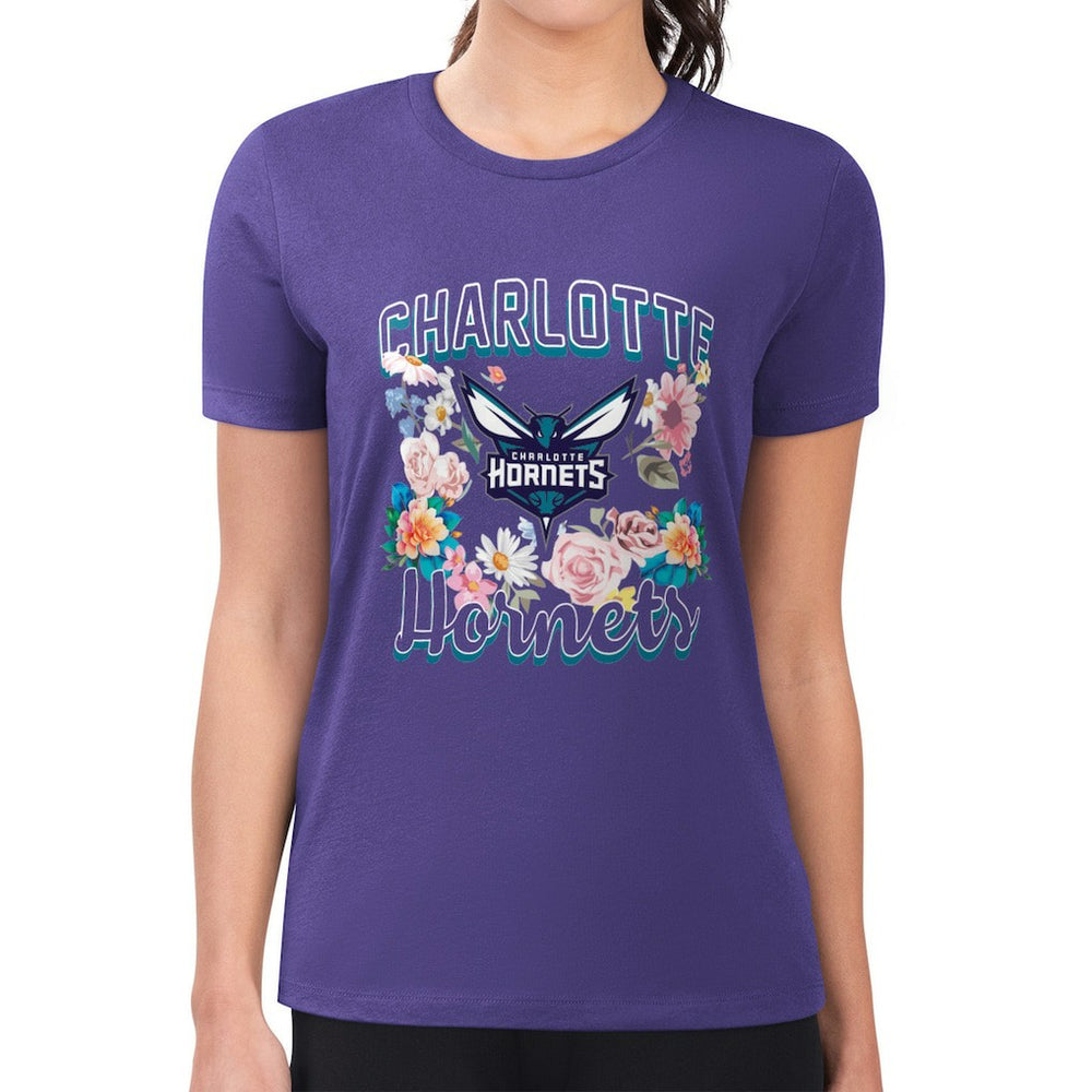 Charlotte Hornets G-III 4Her by Carl Banks Women's Super-Slim Fit Lightweight Flowers Team Logo Graphic T-Shirt New