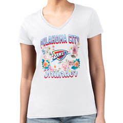 Oklahoma City Thunder G-III 4Her by Carl Banks Women's Super-Slim Fit Lightweight Flowers Team Logo Graphic V-Neck T-Shirt New