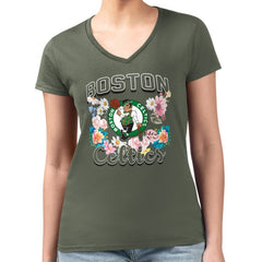 Boston Celtics G-III 4Her by Carl Banks Women's Super-Slim Fit Lightweight Flowers Team Logo Graphic V-Neck T-Shirt On Sale