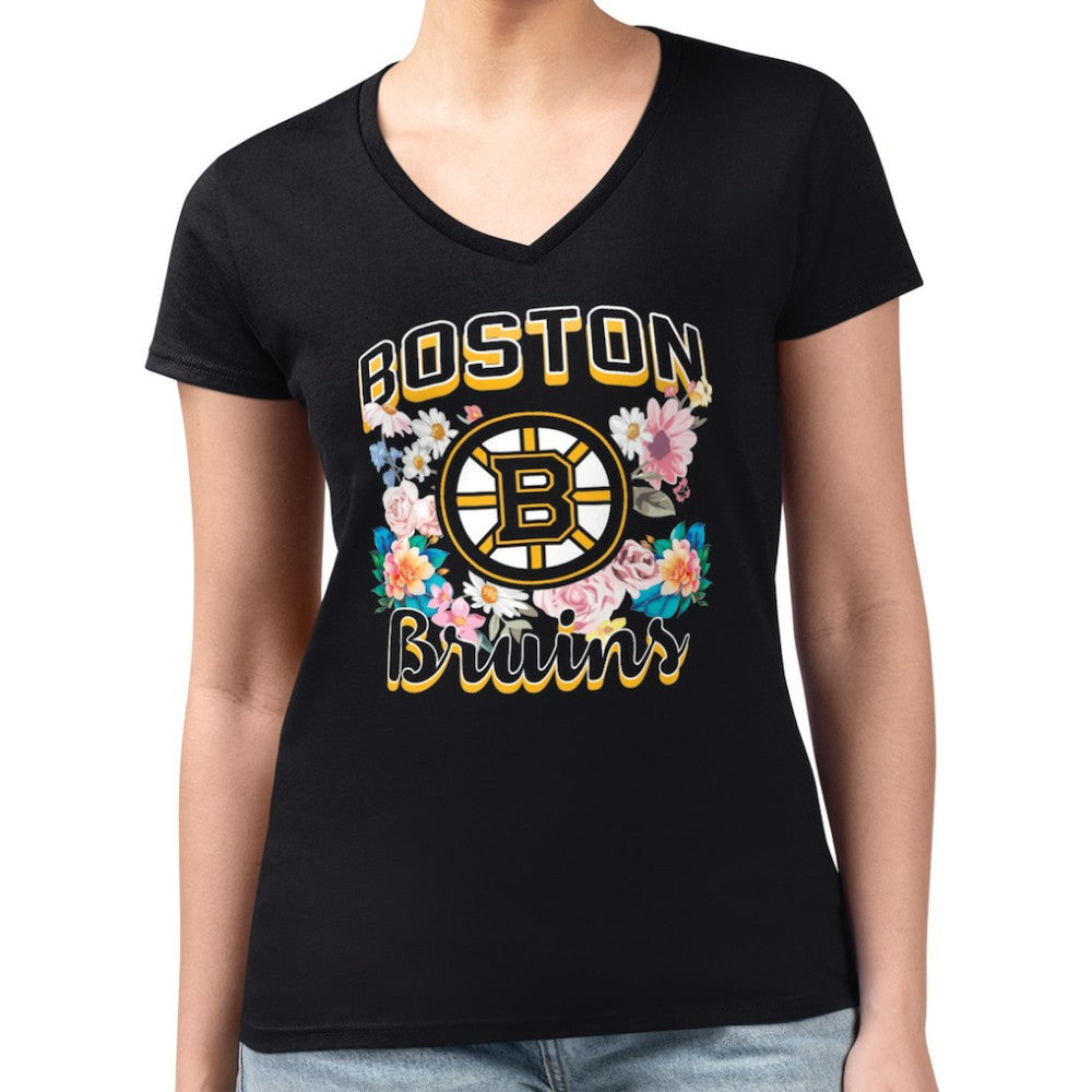 Boston Bruins G-III 4Her by Carl Banks Women's Super-Slim Fit Lightweight Flower Logo V-Neck T-Shirt Outlet