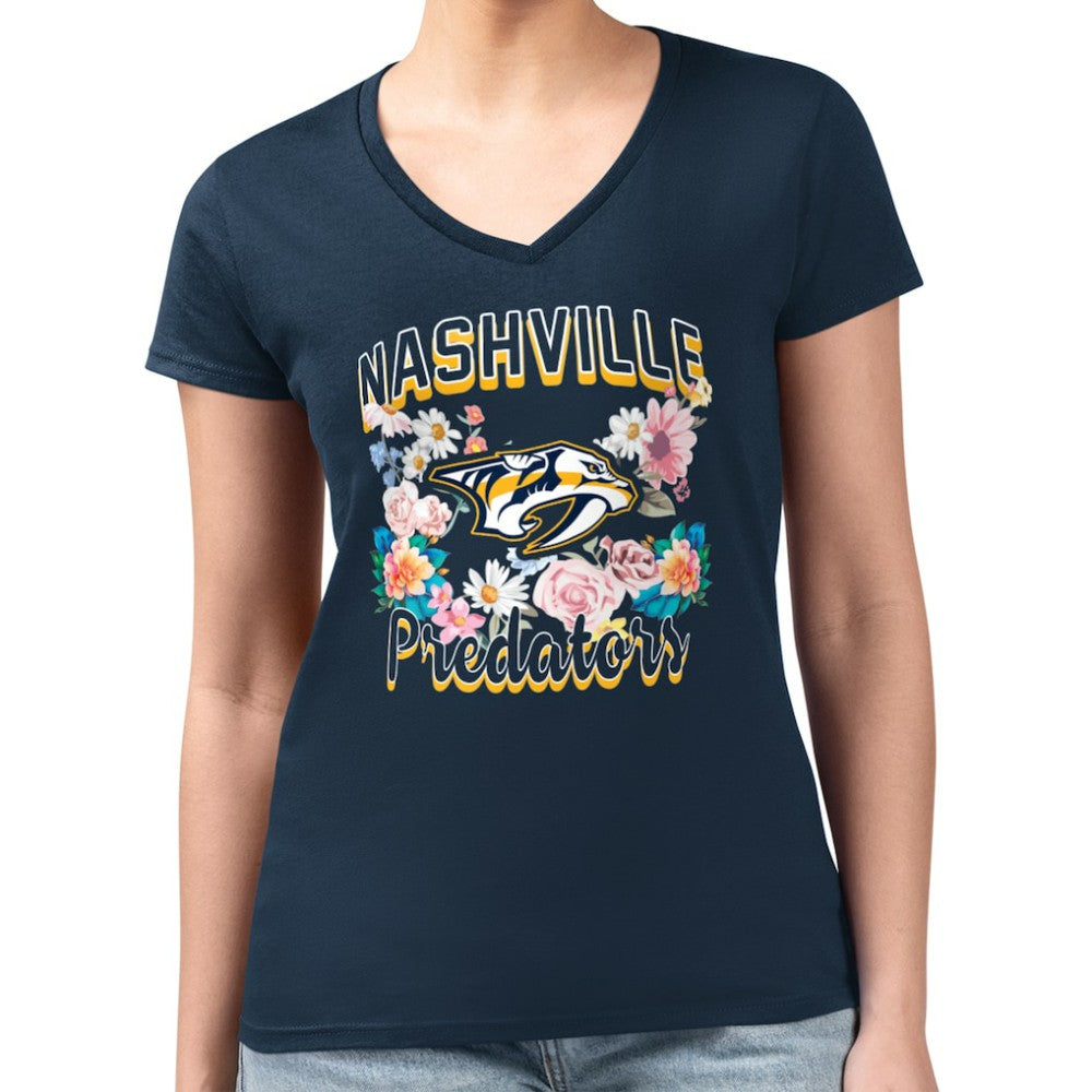 Nashville Predators G-III 4Her by Carl Banks Women's Super-Slim Fit Lightweight Flower Logo V-Neck T-Shirt Online