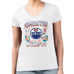Edmonton Oilers G-III 4Her by Carl Banks Women's Super-Slim Fit Lightweight Flower Logo V-Neck T-Shirt Discount