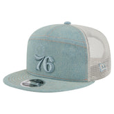 Philadelphia 76ers Adventure Denim Split Panel 9FIFTY Snapback Trucker Hat Discount