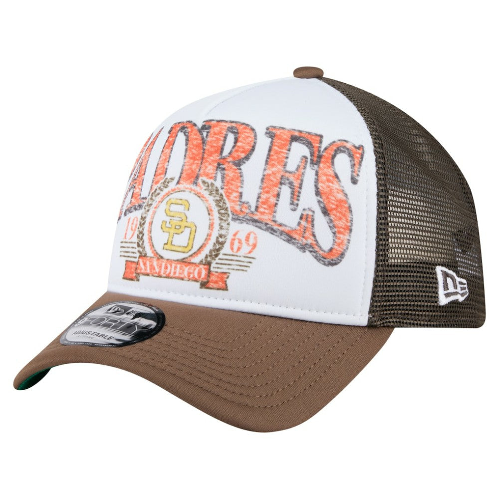 San Diego Padres New Era Distressed 9FORTY A-Frame Adjustable Trucker Hat | MLB Discount