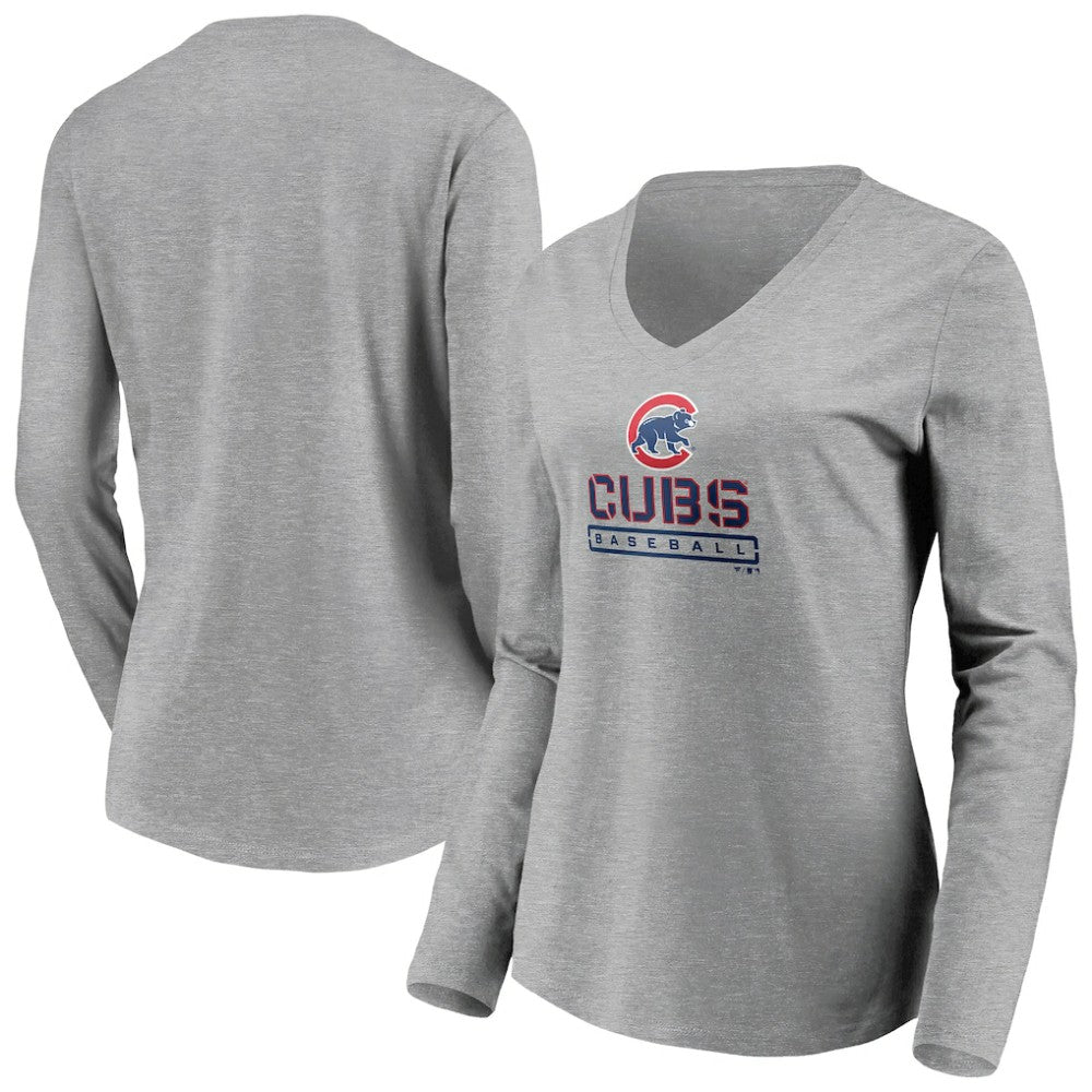 Chicago Cubs Women's Evanston Stencil Long Sleeve V-Neck T-Shirt | MLB Online
