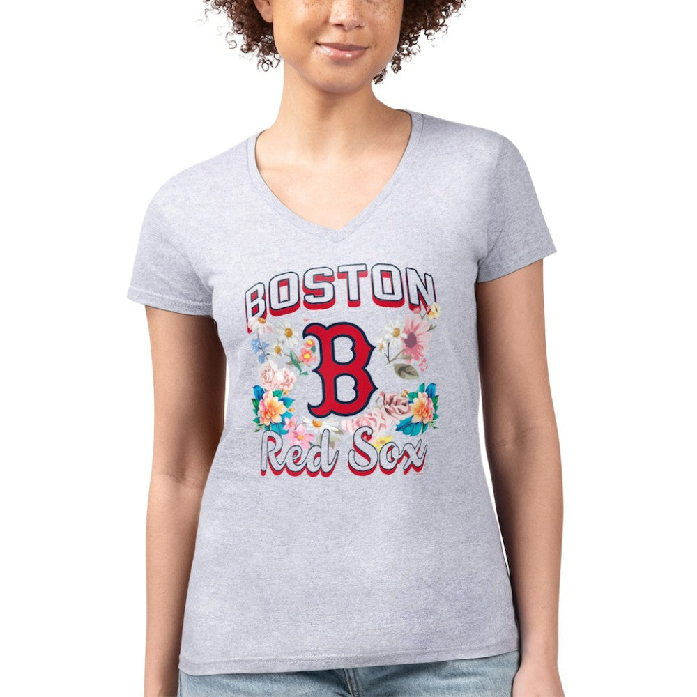 Boston Red Sox G-III 4Her by Carl Banks Women's Super-Slim Fit Lightweight Flowers Graphic V-Neck T-Shirt | MLB Discount