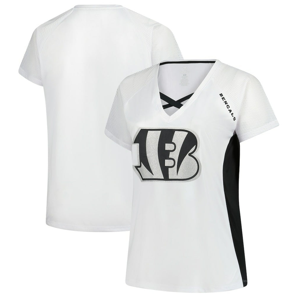 Cincinnati Bengals Fanatics Women's Plus Size Glitter Lace-Up V- Neck T-Shirt