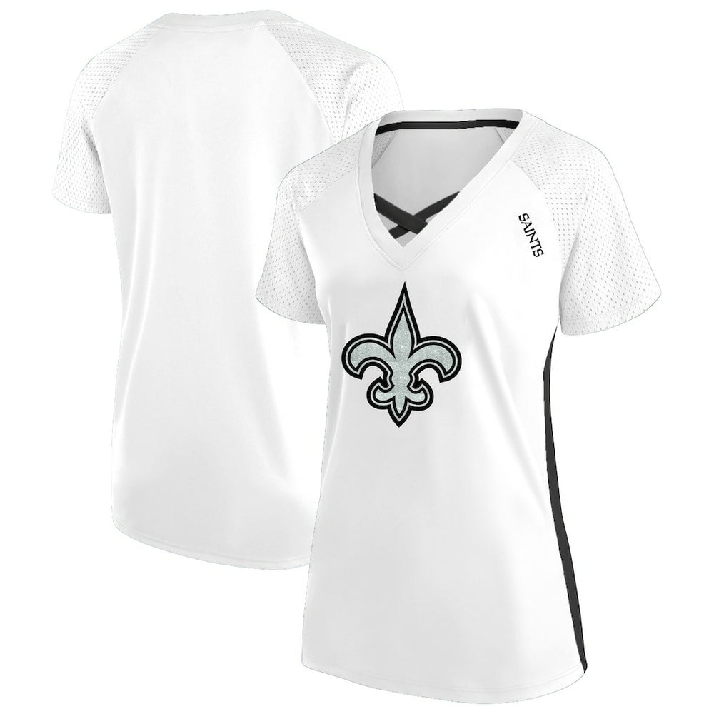New Orleans Saints Fanatics Women's Plus Size Glitter Lace-Up V- Neck T-Shirt