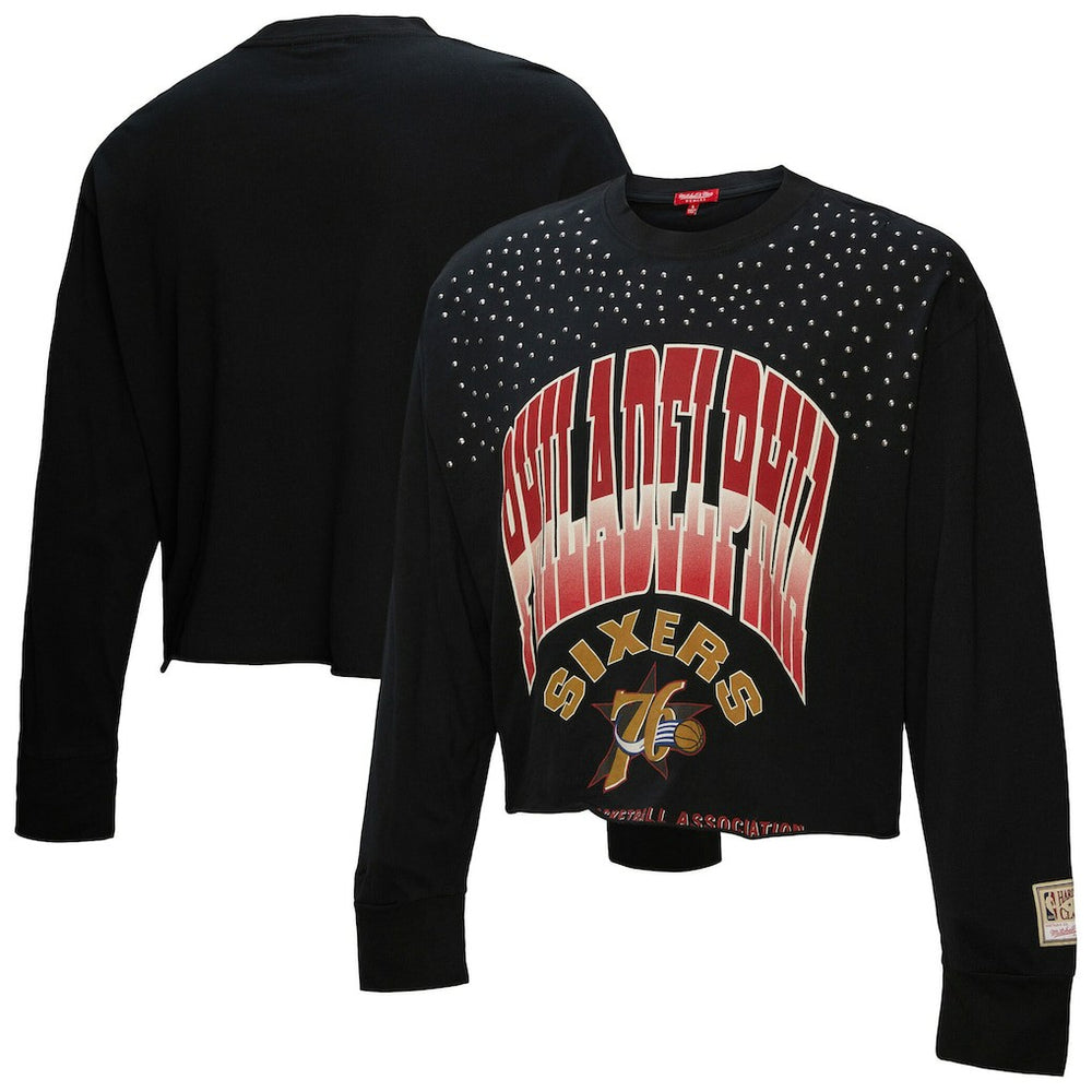 Philadelphia 76ers Women's Hardwood Classics Studded Boxy Cropped Long Sleeve T-Shirt Online