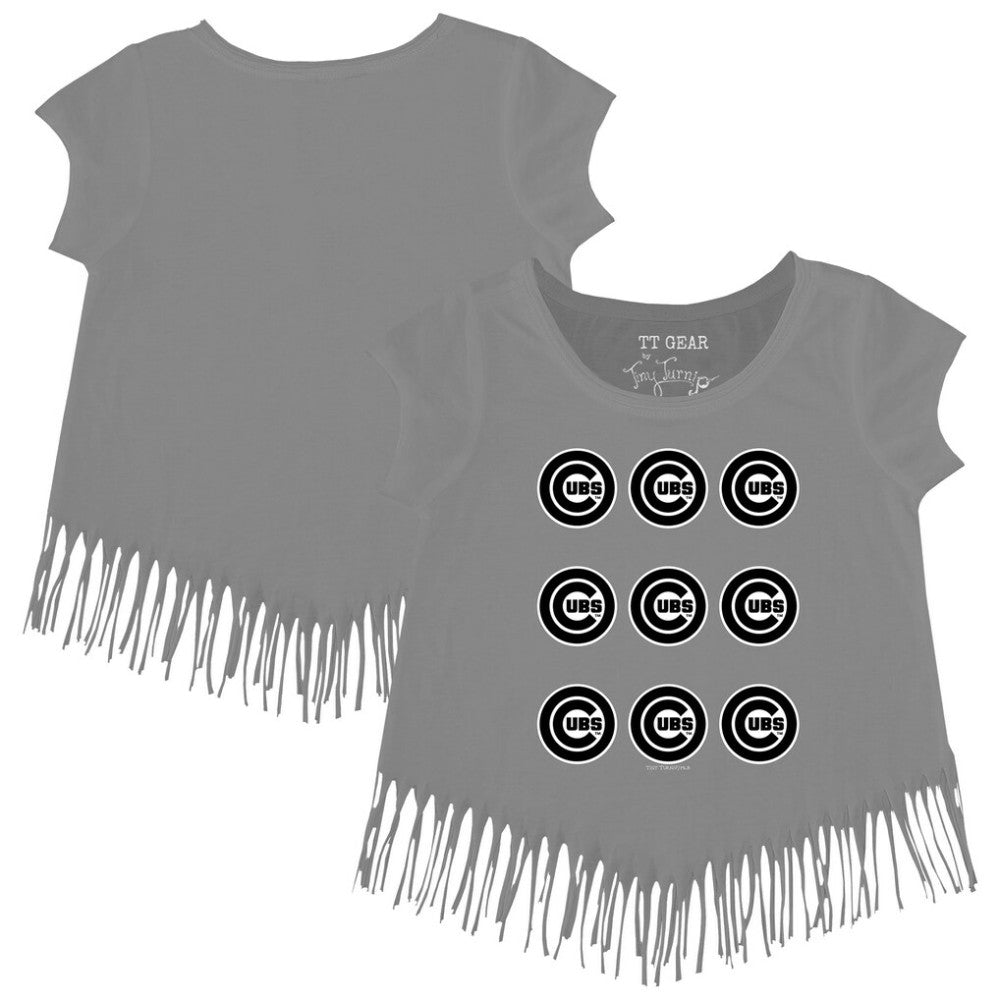 Chicago Cubs Tiny Turnip Girls Youth Logo Grid Fringe T-Shirt | MLB Sale