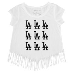 Los Angeles Dodgers Tiny Turnip Girls Youth Logo Grid Fringe T-Shirt | MLB Sale