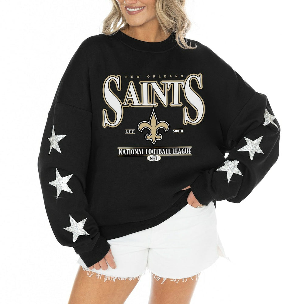 New Orleans Saints Gameday Couture Women's Rhinestone Star Sleeve Settle the Score Oversized Tri-Blend Pullover