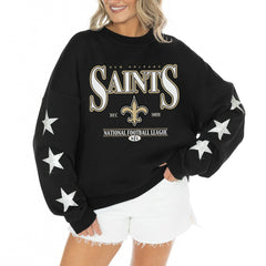 New Orleans Saints Gameday Couture Women's Rhinestone Star Sleeve Settle the Score Oversized Tri-Blend Pullover