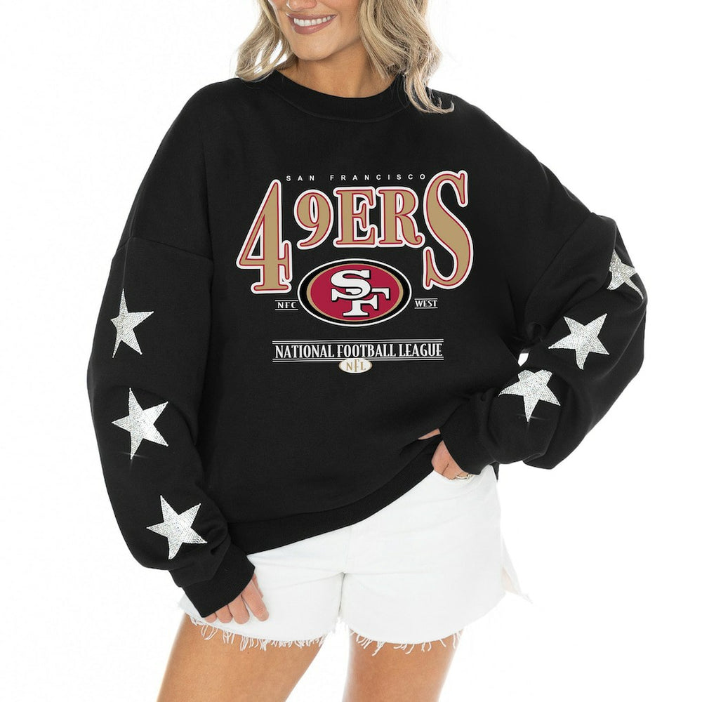 San Francisco 49ers Gameday Couture Women's Rhinestone Star Sleeve Settle the Score Oversized Tri-Blend Pullover
