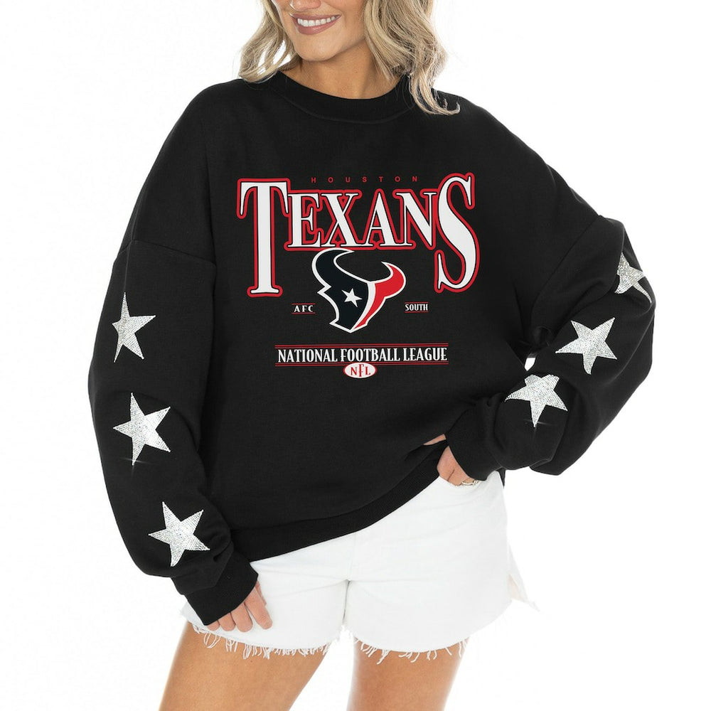 Houston Texans Gameday Couture Women's Rhinestone Star Sleeve Settle the Score Oversized Tri-Blend Pullover