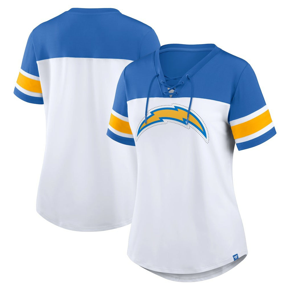 Los Angeles Chargers Fanatics Women's Athena Rhinestone Lace-Up V-Neck T-Shirt
