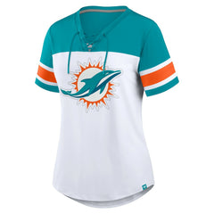 Miami Dolphins Fanatics Women's Athena Rhinestone Lace-Up V-Neck T-Shirt