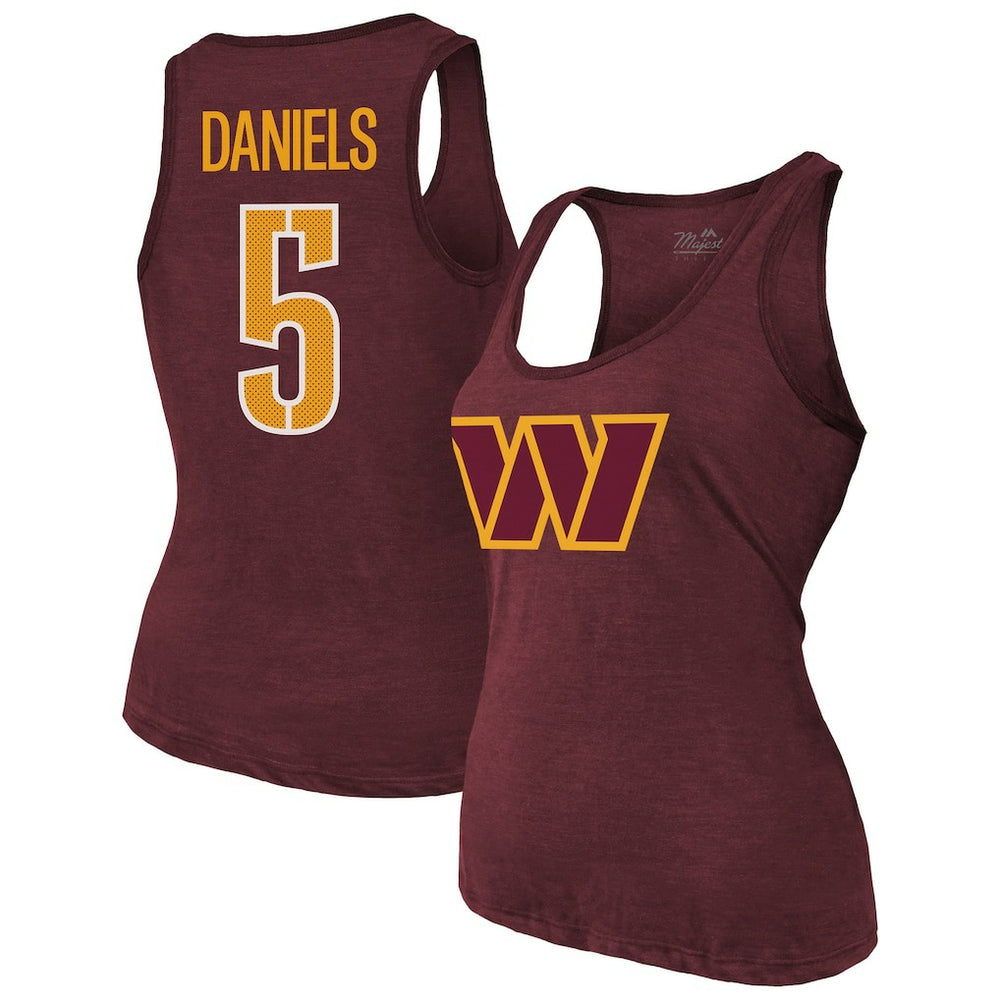 Washington Commanders Jayden Daniels Majestic Threads Women's Name & Number Tri-Blend Scoop Neck Tank Top