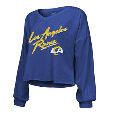 Los Angeles Rams Puka Nacua Majestic Threads Women's Off-Shoulder Script Player Name & Number Cropped Long Sleeve V-Neck T-Shirt