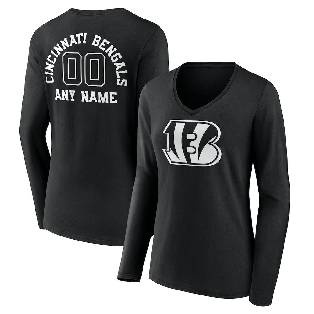 Cincinnati Bengals Women's Personalized Name & Number Monochrome Long Sleeve V-Neck T-Shirt