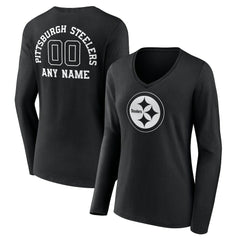 Pittsburgh Steelers Women's Personalized Name & Number Monochrome Long Sleeve V-Neck T-Shirt