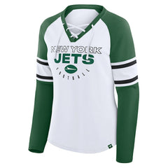 New York Jets Fanatics Women's Redzone Blitz Package Raglan Lace-Up V-Neck Long Sleeve T-Shirt