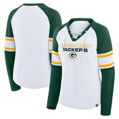 Green Bay Packers Fanatics Women's Redzone Blitz Package Raglan Lace-Up V-Neck Long Sleeve T-Shirt