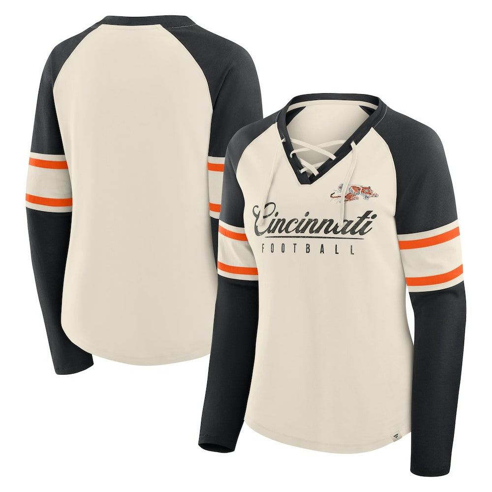 Cincinnati Bengals Fanatics Women's Hometown Gridiron Hero Raglan Lace-Up V-Neck Long Sleeve T-Shirt