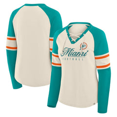 Miami Dolphins Fanatics Women's Hometown Gridiron Hero Raglan Lace-Up V-Neck Long Sleeve T-Shirt