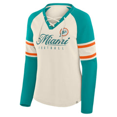 Miami Dolphins Fanatics Women's Hometown Gridiron Hero Raglan Lace-Up V-Neck Long Sleeve T-Shirt