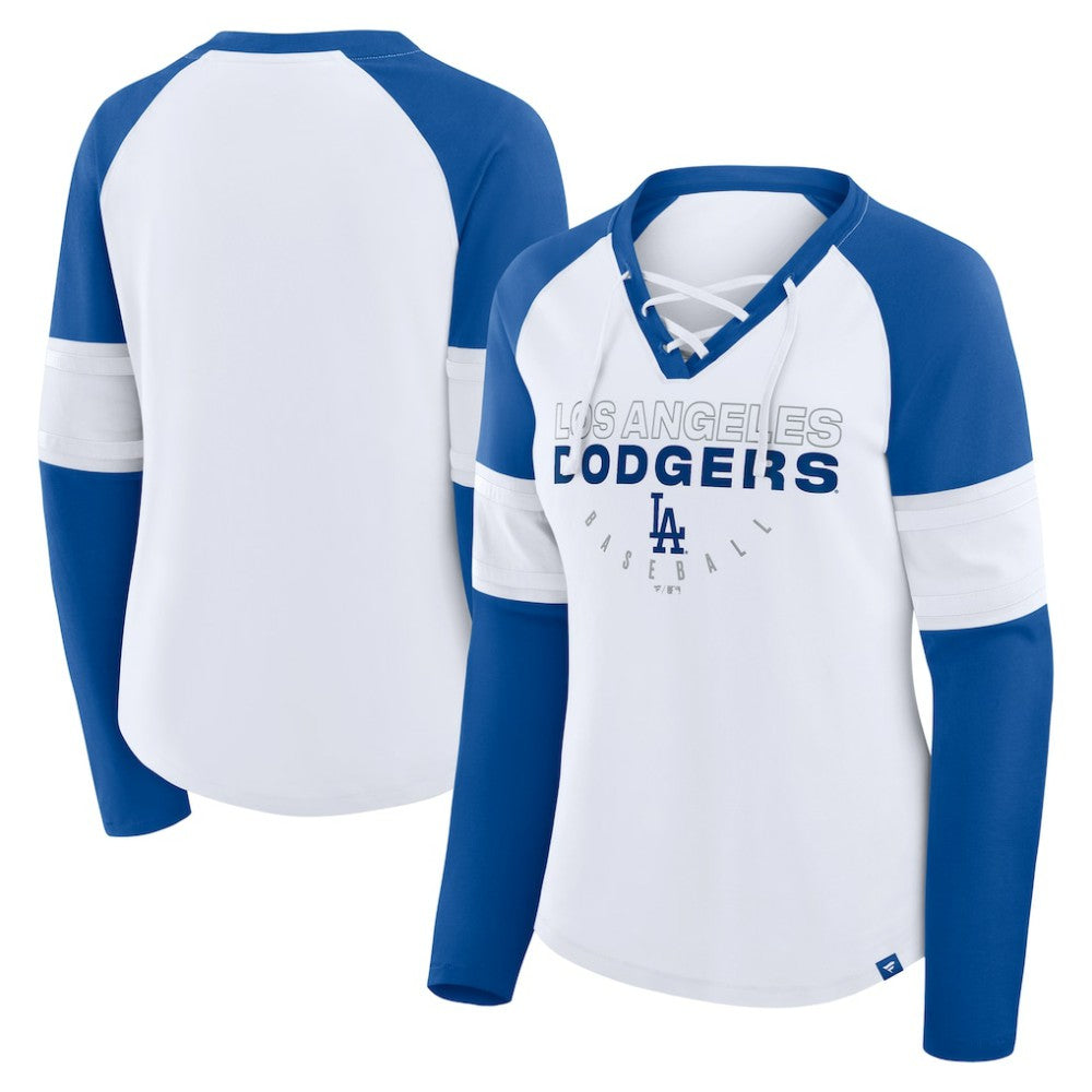 Los Angeles Dodgers Fanatics Women's Blitz Package Raglan Lace-Up V-Neck Long Sleeve T-Shirt | MLB On Sale