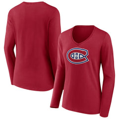 Montreal Canadiens Women's Primary Logo Long Sleeve V-Neck T-Shirt For Sale
