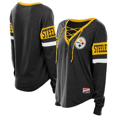 Pittsburgh Steelers New Era Women's Plus Size Throwback Lace-Up Long Sleeve T-Shirt