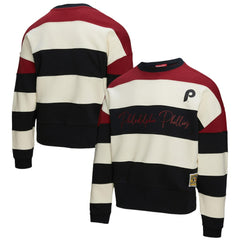 Philadelphia Phillies Mitchell & Ness Women's Cooperstown Collection Blocked Fleece Pullover Sweatshirt- Burgundy/Black | MLB For sale