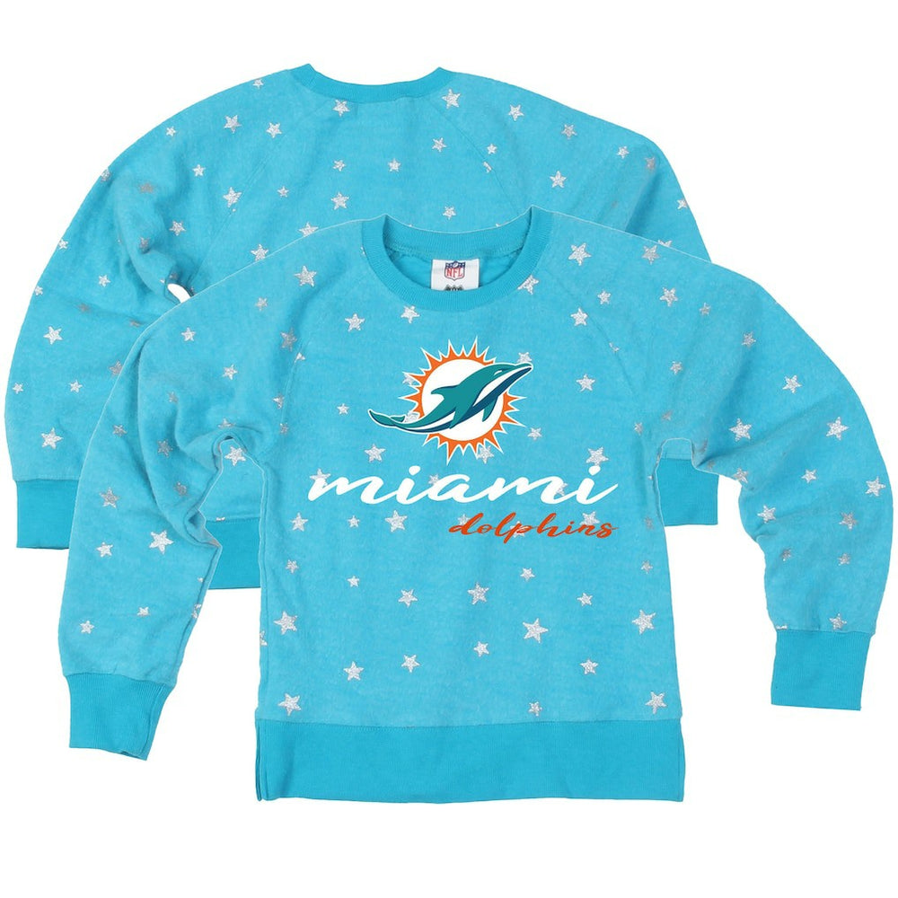 Miami Dolphins Wes & Willy Girls Youth Shimmer Star Reverse Fleece Pullover Sweatshirt