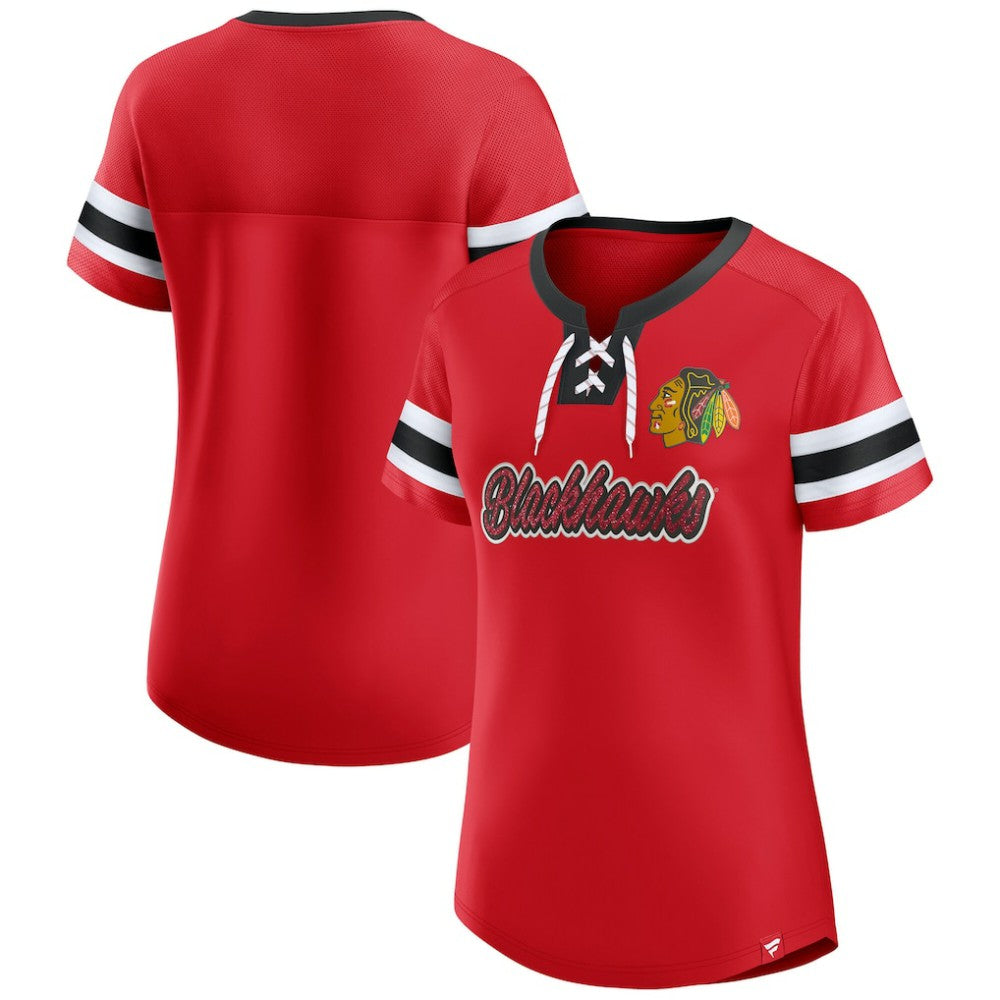 Chicago Blackhawks Fanatics Women's Iconic Athena Lace-Up T-Shirt Outlet