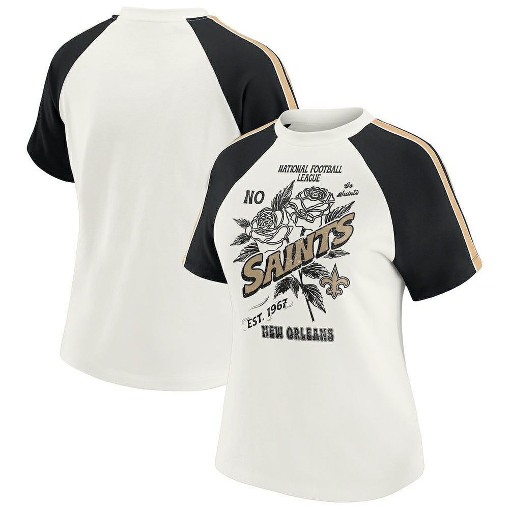New Orleans Saints WEAR by Erin Andrews Women's Sleeve Stripe Distressed Raglan T-Shirt