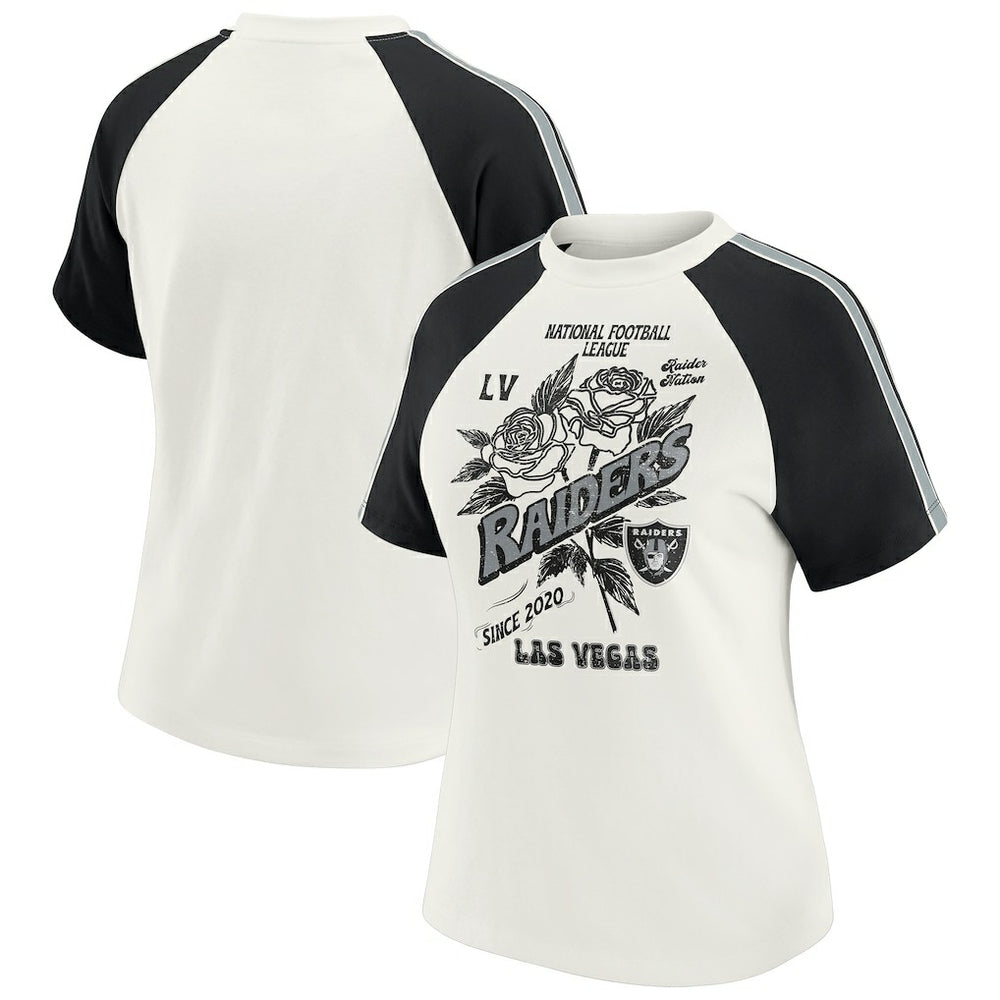 Las Vegas Raiders WEAR by Erin Andrews Women's Sleeve Stripe Distressed Raglan T-Shirt