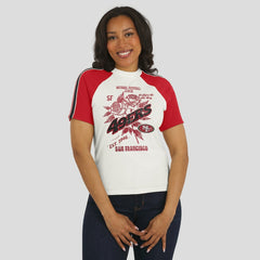 San Francisco 49ers WEAR by Erin Andrews Women's Sleeve Stripe Distressed Raglan T-Shirt